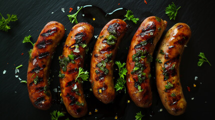 Sticker - Grilled sausages garnished with herbs on a dark slate background evoke ideas of barbecue gatherings, summer holidays, and delicious comfort food