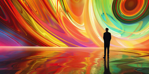 Wall Mural - Art (Abstract Art): A figure standing in front of abstract artwork, symbolizing the art trends of the 1970s