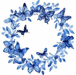 Wall Mural - Watercolor wreath of butterflies and leaves in indigo blue 