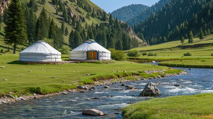 Two yurts in the grassland with green trees and rivers on their sides, featuring traditional Kazakh yurt decoration and colorful patterns on the white canvas cover, surrounded by a dense forest.