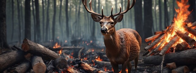 A deer is trapped in a fire of a burning forest. A deer fell into a fire trap in the forest, a burning forest. Natural disaster, wildlife and wildfire concept.