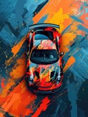 Poster - Red and Black Sports Car with Orange Paint Splatters