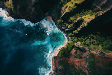 Wall Mural - A breathtaking aerial view of a rugged coastline with turquoise waters and lush greenery, showcasing the natural beauty and dramatic landscape