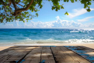 Ideal beach setup for product display, with a wooden table against a picturesque sea background