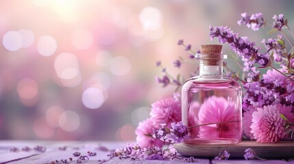 Wall Mural - Perfume bottle with cork stopper, pink liquid, and flowers on wooden table. Soft pink and purple bokeh background adds romantic vibe