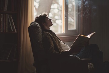 Leinwandbilder - A man sits in a chair, holding a book but lost in thought, staring off into space. The room is dimly lit, creating a sense of detachment. Generative AI