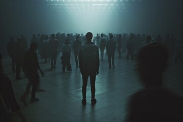 Fototapete - A lone figure stands in the middle of a crowded, foggy room, their silhouette sharp against the blurred background. Generative AI