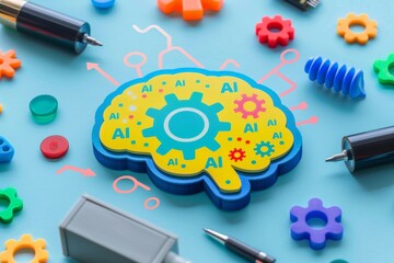 Colorful AI brain concept on tech gear background symbolizing complex machine learning processes.