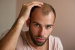 © StockUp - A young balding man examines his thinning hair with a worried expression