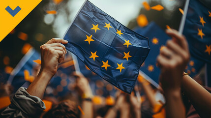 Wall Mural - Group of People Holding EU Flags at a Rally for European Unity and Support