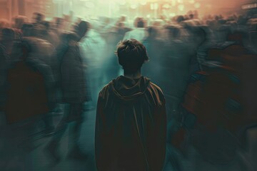 Fototapete - A lone individual stands in a crowded room, their figure sharply in focus while the surrounding people are blurred, highlighting their isolation. Generative AI