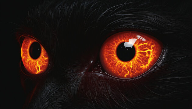 Sinister red glowing eyes of a mysterious monster in the dark, closeup on black background with fiery flames
