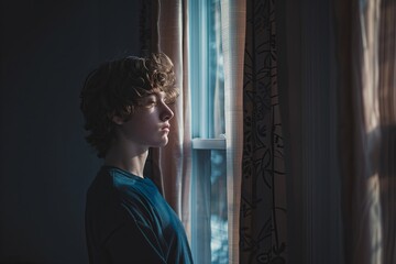 Poster - A young man stands by a window, looking out with a thoughtful expression. Soft natural light streams through the window, casting shadows on his face. Generative AI