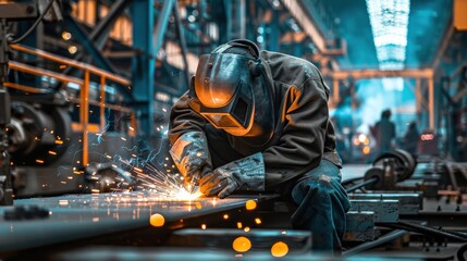 Poster - A man in a protective suit is working on a piece of machinery. Concept of danger and risk, as the man is surrounded by sparks and debris