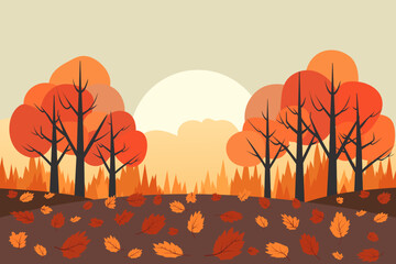 Wall Mural - Autumn landscape with trees, mountains, hills, fields, leaves. Autumn orange leaves in the park. Beautiful simple flat rural landscape. Autumn background. Transitional season vector illustration.
