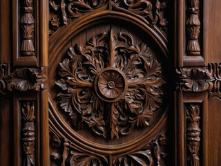 Wall Mural - Carved details on dark teak wood.