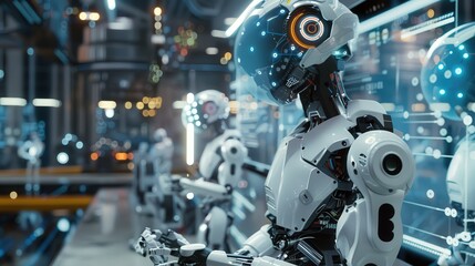 A robot is standing in a factory with other robots. The robot is white and has a red face. The factory is filled with robots and has a futuristic feel to it
