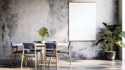 Wall Mural - Modern minimalist dining room interior with blue chairs, table, and decorative plants.