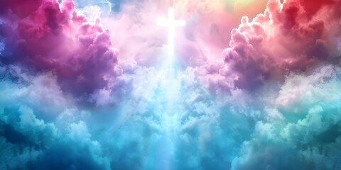 Wall Mural - Christians gather in church, symbolized by vibrant clouds and cross. Concept Religious Gatherings, Church Community, Spiritual Symbols, Vibrant Imagery