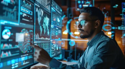 A man is pointing at a computer screen with multiple monitors displaying various graphs and data. Concept of focus and concentration as the man navigates through the information on the screens