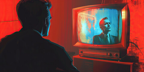 Wall Mural - Technology (Retro Television): A figure watching a classic 1950s TV show on a retro TV set