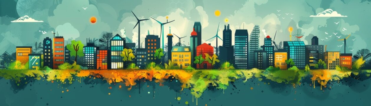 Colorful artistic illustration of a modern city with skyscrapers, green spaces, and windmills symbolizing sustainable urban living.