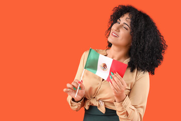 Poster - Beautiful woman with Mexican flag on orange background