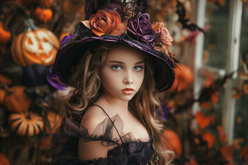 A young girl in a witch costume with a floral hat stands among Halloween decorations, radiating charm and festive spirit