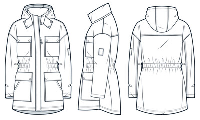Wall Mural - Parka Coat technical fashion Illustration. Winter Jacket fashion flat technical drawing template, front zipper, pockets, hood, front, side and back view, white, women, men, unisex CAD mockup set.