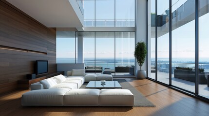 Wall Mural - Modern living room with large windows offering a panoramic sea view, luxurious furnishings and wooden details.