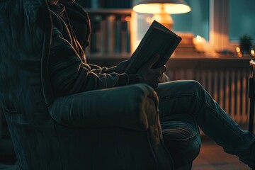 Leinwandbilder - A person sits in a chair, holding a book, but stares off into space, lost in thought. The dimly lit room creates a sense of detachment. Generative AI