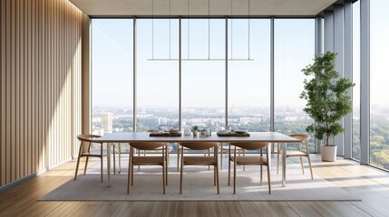 Sticker - Modern dining room with panoramic city view, large windows, and stylish furniture.