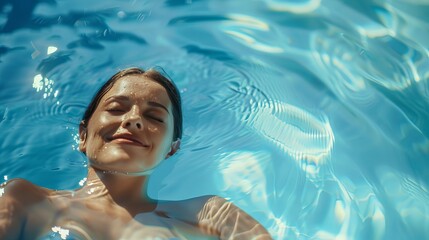 Poster - A woman enjoys a tranquil swim in sunlight-reflecting water, an abstract concept for a summer wallpaper or background designed to be a best-seller