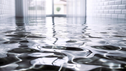 Wall Mural - Rippling water surface indoors with reflective light and white brick background.