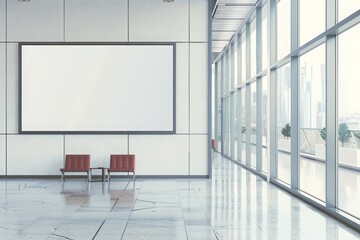 Empty advertising billboard frame on wall in office lobby copy space for mock up design template