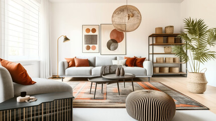 Poster - Stylish modern living room interior with neutral tones and vibrant accents.