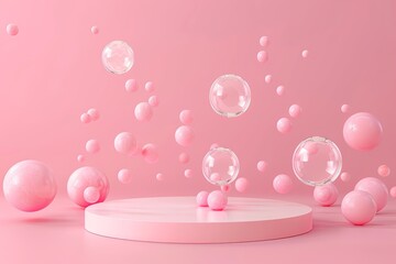 Wall Mural - Chewing gum bubbles. Pink pastel background advertising. Platform, exhibition base according to the template. 3d illustration. 