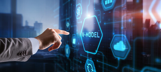 Businessman clicks V-Model, VEE. Information systems development model