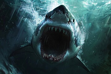 Wall Mural - Great white shark showing all of its teeth while swimming in dark water