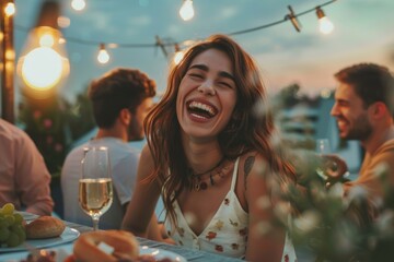 Happy friends having fun together at rooftop dinner party with wine and food on table, beautiful young woman laughing while sitting next to her boyfriend