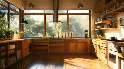 Wall Mural - Sunlit modern kitchen with large windows overlooking a lush green garden.