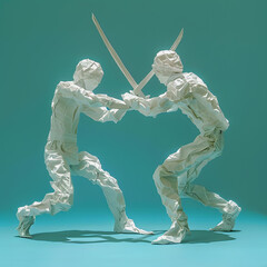 Duel, battle, competition, fight, two people fight with swords, rapiers. Figure made of crumpled paper on blue background, unusual creative illustration