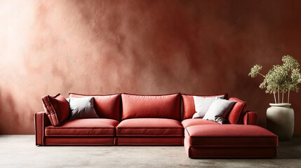 Wall Mural - Elegant interior with a luxurious red sectional sofa and decorative plant in a vase