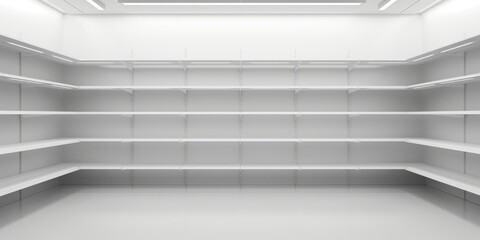 Wall Mural - Empty white retail shelves in a clean and bright store environment.