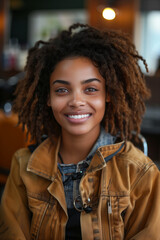 Poster - African American female customer smiling confidently in hair salon.