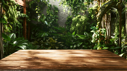 Poster - Empty wooden table with a lush green tropical garden background.