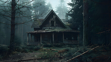 Wall Mural - An old abandoned broken wooden house in the middle of the forest like a scene from a western movie. Concept of horror with ghosts. 