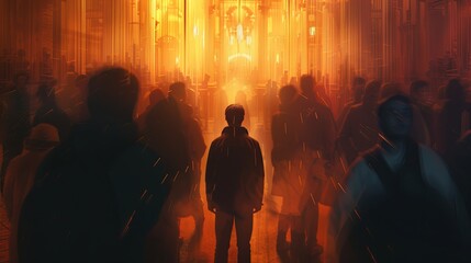 Fototapete - In a busy crowd, a solitary figure stands in warm light, isolated from the energy of the bustling scene with a blurred background. Generative AI