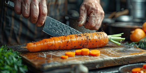 A person is preparing food, slicing a carrot on a cutting board