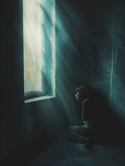 Poster - Alone in a dim room, person sits, shadows hiding face. Beam of sunlight through window portrays loneliness and sadness. Generative AI